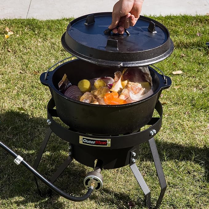 85000 BTU Camping Stove for Cast Iron Dutch OvenSingle Propane Burner with 10 PSI Regulator &amp Cast Iron Braided Holes Heavy Duty Round Gas Stove for Outdoor Cooking &amp Camping