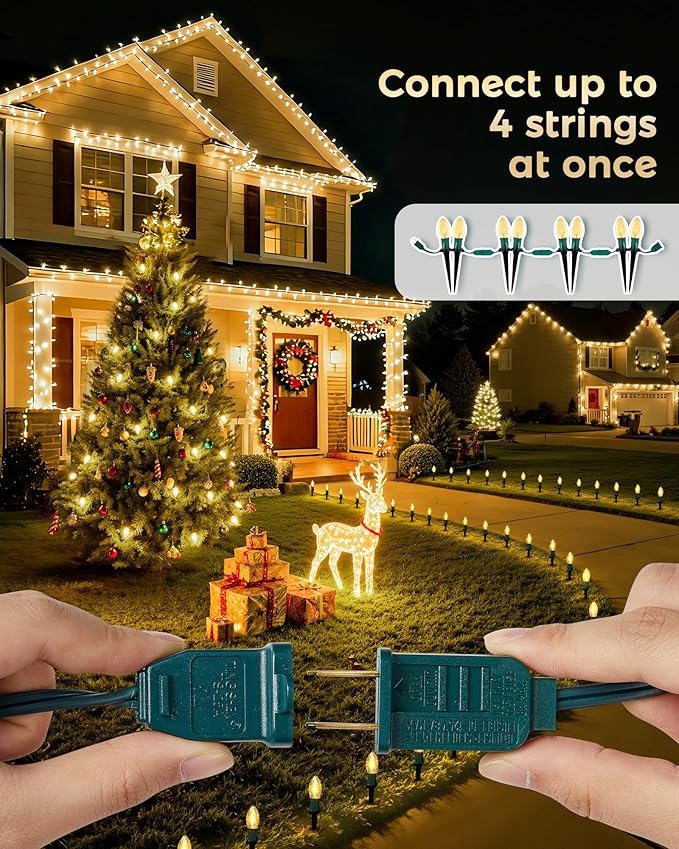 C9 Christmas Lights Outdoor 4 Packs Total 102.8 Ft 80 Bulbs Christmas Pathway Lights Waterproof Walkway Lights for Outside Driveway Sidewalk Outdoor Decorations Yard Clear
