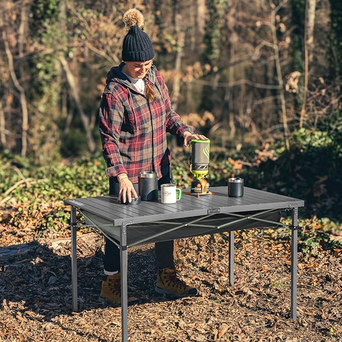 OUTSIDER Folding Camping Table Portable Roll-up Outdoor Lightweight Aluminum Camp Table for Picnic BBQ Backyards Beach Large Storage Mesh Pocket and Carrying Bag Included
