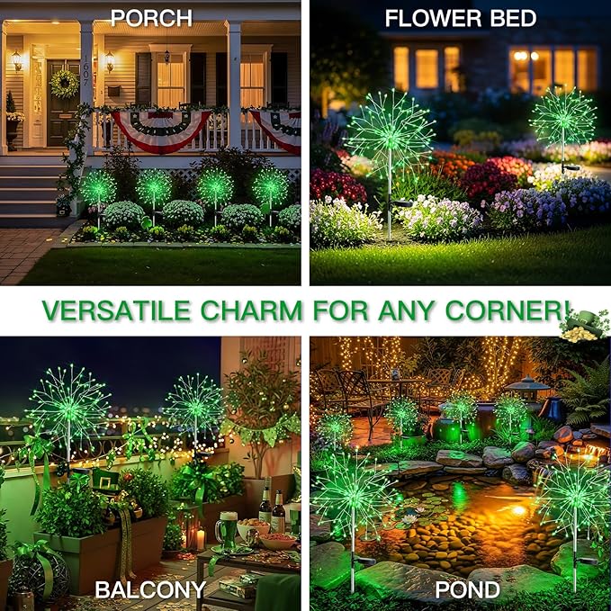 suddus St. Patrick's Day Decorations Solar Firework Lights - 150 LED Green Outdoor Garden Lights 8 Modes DIY Sparkler Lights Waterproof Solar Stake Lights for Yard Pathway Flowerbed Decor (2 Pack)