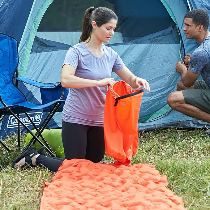 Coleman Kompact Inflatable Camp Sleeping Pad with Built-in Air Valve and Included Carry Bag No Pump Needed Textured Grip Bottom Keeps Pad in Place Premium/Basic