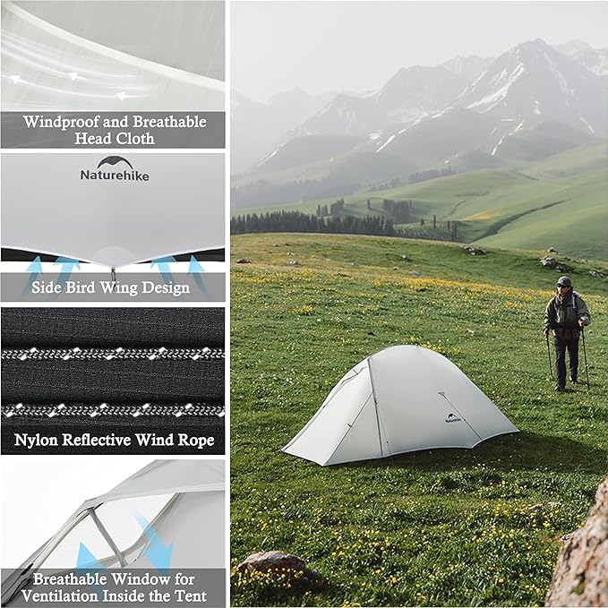Naturehike 1-2 Person Cloud up UL Tent - Ultralight 3.1lb/3.5lb Backpacking Tent Waterproof Free Standing Camping Tent for One Man Hiking Cycling Two Person Double Layer