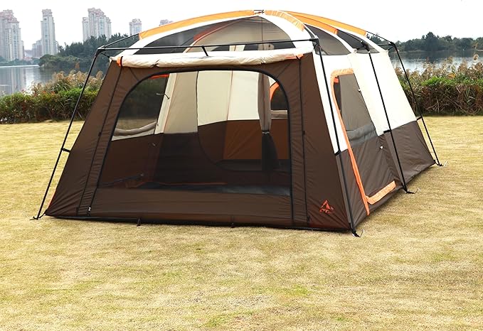 KTT Extra Large Tent 10-12-14 Person(Style-B)Family Cabin Tents2 Rooms3 Doors and 3 Windows with MeshStraight WallWaterproofDouble LayerBig Tent for OutdoorPicnicCampingFamily Gathering