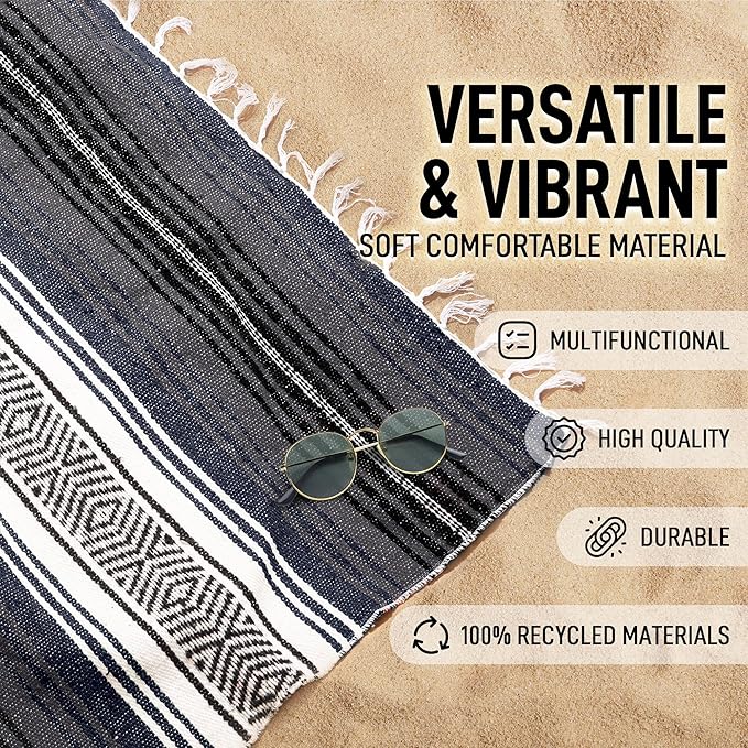 Hydration Nation Authentic Extra Large Mexican Blanket (70x50) - Handwoven Yoga Serape - Artisanal Falsa Beach Camping Picnic Outdoor (Blue Haze)