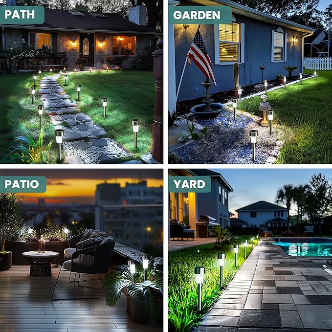 GIGALUMI 24 Pack Solar Path Lights OutdoorSolar Lights Outdoor WaterproofStainless Steel LED Landscape LightingSolar Garden Lights for DrivewayPathwayPatioYard