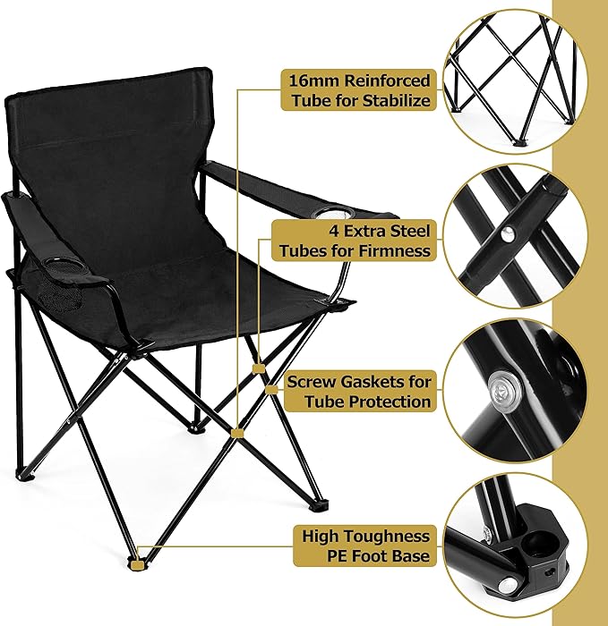 Leonyo 2Pcs Folding Camping Chairs Outdoor PortableLawn Chairs for Adults with Cup Holders Carrying Bag for Outside Beach Sports Hiking Black