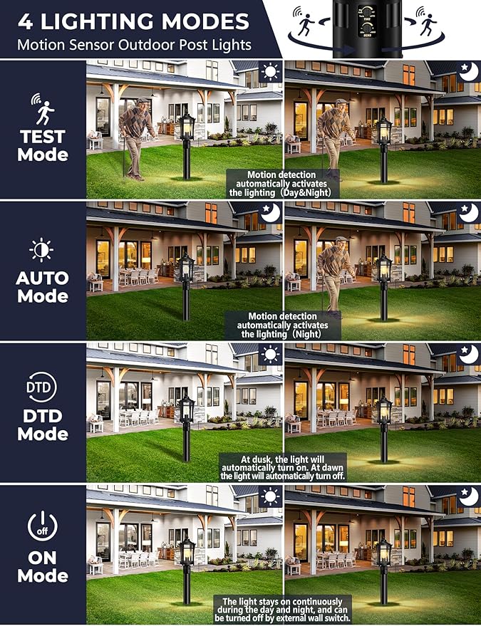 Lotsky Motion Sensor Outdoor Post Lights360°Detection Dusk to Dawn Lamp Posts Light Fixture with 3 ModesBlack Aluminum Hardwired Outside Pole Lantern for GardenDrivewayPatioWaterproofE26 Base