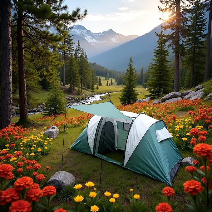 Large Camping Tent Family Tent 4~5 People 177 * 87 * 71 inches Waterproof Mesh Roof 2 Bedrooms and 1 Living Room (8 Person Grmy Green+Gray)