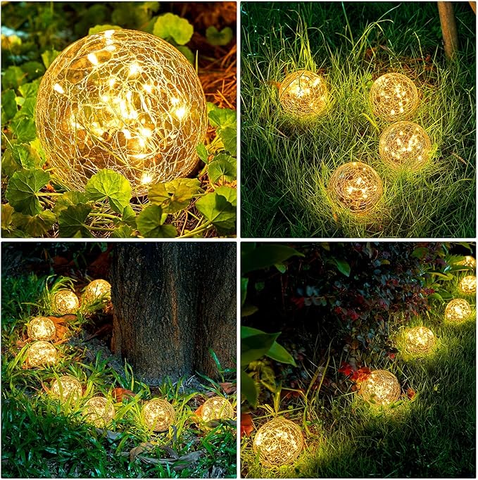 Honoson Solar Globe Lights Outdoor - Waterproof Cracked Glass Balls for Garden Patio Lawn &amp Yard Warm White Solar LED Lights with Easy Installation &amp Durable Design(3.9 Inch6 Pieces)