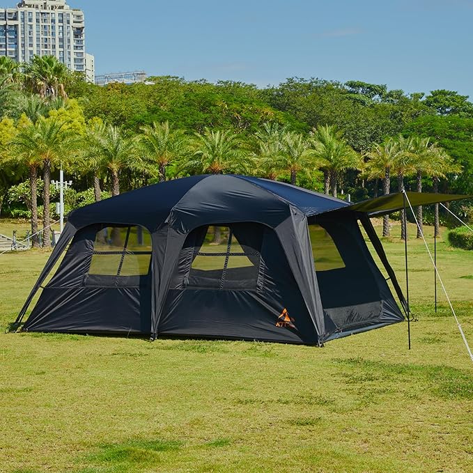 KTT Extra Large Tent 12 PersonFamily Cabin TentsAwning2 Rooms4 Doors and 4 Windows with MeshStraight WallWaterproofDouble LayerBig Tent for OutdoorPicnicCampingFamily Gathering