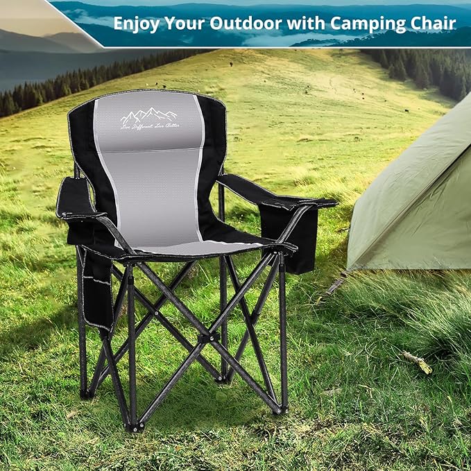 Folding Camping Chair Heavy Duty Portable Lawn Chairs with Cooler Bag Side Pocket &amp Cup Holder Folding Chairs for Outside Support 450lbs Black