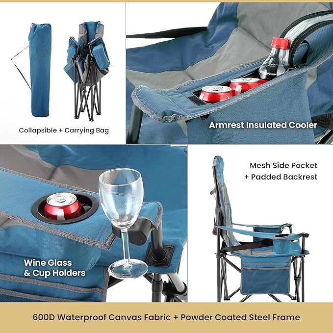 ARROWHEAD OUTDOOR Oversized XXL Portable Folding Camp Chair w/Glass &amp Cup Holders Armrest Cooler Heavy Duty Carry Bag 600 lbs Weight Capacity
