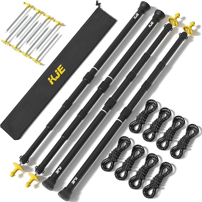 KJE 4 Pack Adjustable Heavy-Duty Tarp Poles Camping Tent Poles Set with Ground Stakes &amp Guylines &amp Yellow Protection Caps Aluminum Telescoping Pole(2.9ft to 8.7ft) for Outdoor Tarp Use