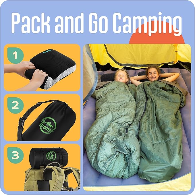 Kids Camping Pillow: Dual-Cover Memory Foam Small Pillow Medium-Firm Camp Pillow | Mini Pillow w/ 5 Layers for Comfort and Support Small Travel Pillow/Compact Pillow 10x16 Inches (Black)