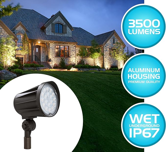 Westgate Lighting LED 12 Volt Outdoor Landscape Garden Bullet Flood Lights - Path Walkway Lawn Spotlights - Wire/Spike Accessories Included - IP67 Waterproof - High Lumen (32W 3000K Warm White Bronze)