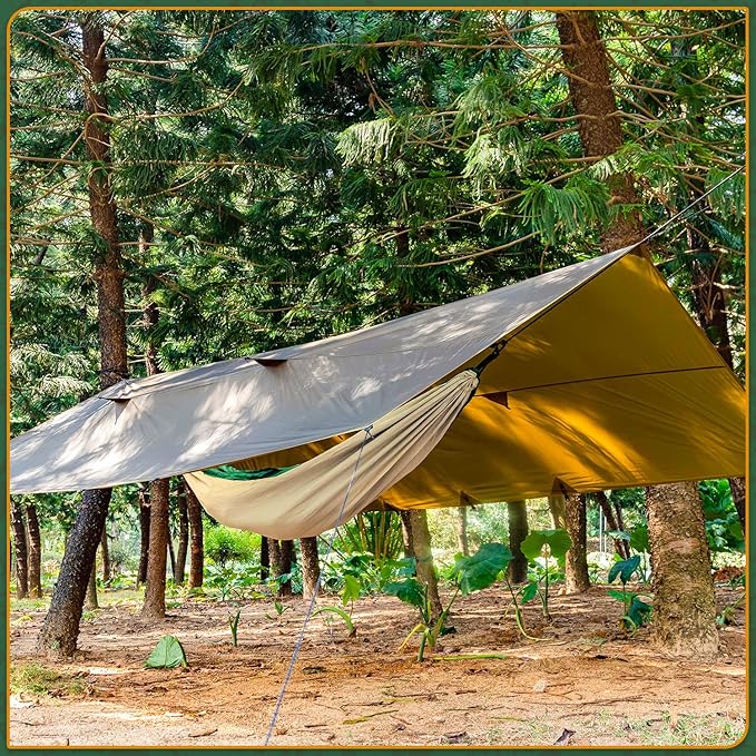 POMOLY Camping Tarp Hammock Tarp 9×12ft Ultralight 20D Silnylon Waterproof 3000mm for Hiking Backpacking - Wolfden UL