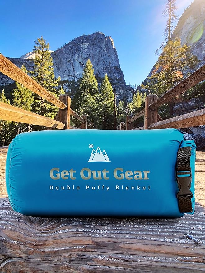 Get Out Gear Double Puffy Camping Blanket - Extra Puffy Packable Lightweight and Warm | Ideal for Outdoors Travel Stadium Festivals Beach Hammock | Water-Resistant Camp Quilt (Teal Blue/Gray)