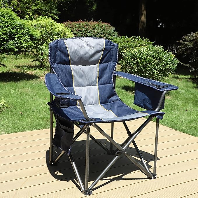 ALPHA CAMP Folding Camping Chair Oversized Heavy Duty Padded Outdoor Chair with Cup Holder Storage and Cooler Bag 450 LBS Weight Capacity Thicken 600D Oxford Blue