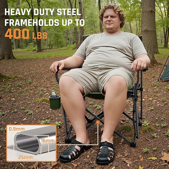 Folding Camping Chairs for Adults Heavy Duty Plus Size Camping Chairs 400 lb Steel Frame Metal Arm Lawn Chairs with Cup Holder Extra Large Camp Chair for Outdoor Sports Green 4 Pack (2 Pack x 2)