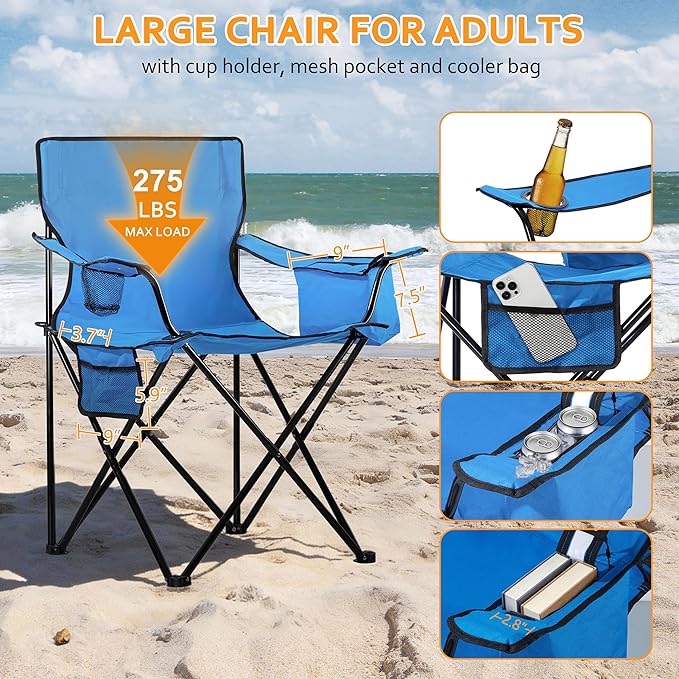 HaSteeL Camping Chair for Adults 2Pcs Large Folding Beach Chairs with Carrying Bag Portable for Outdoor Patio Picnic Lawn Hiking Fishing Travel Cooler/Cup Holder/Storage Pocket (Blue)
