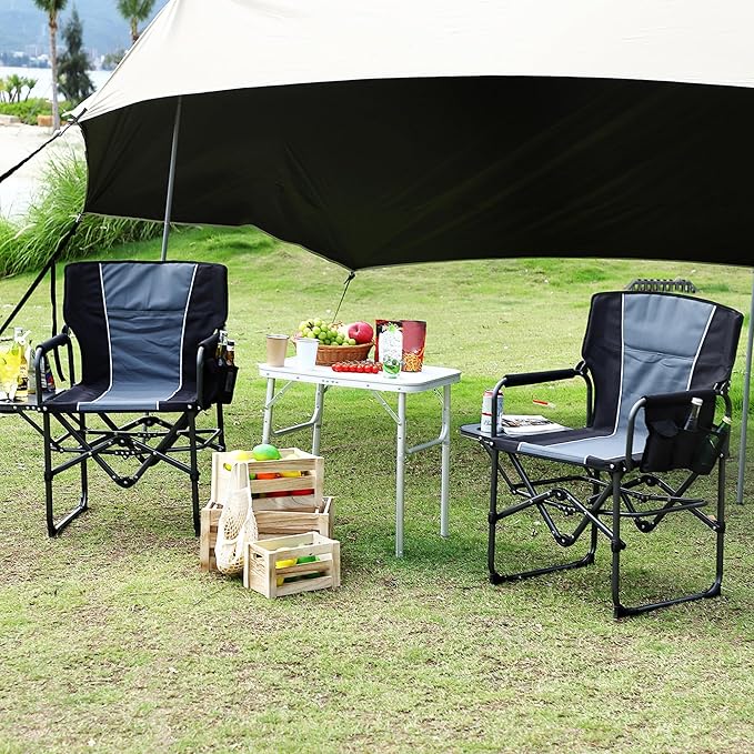 2 Pack Oversized Camping Directors Chair Portable Folding Lawn Chairs for Adults with Side Table and Storage PouchPocket for Beach Fishing PicnicConcertTailgating Heavy Duty Supports 330LBS