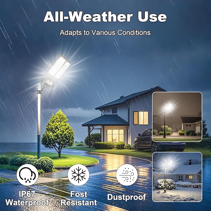 Solar Street Light with Pole Solar Street Lights Outdoor Waterproof Dusk to Dawn 7000K LED Security Flood Light with Motion Sensor and Remote Control for Pathway Entryway &amp Yard