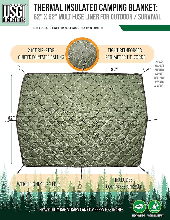 USGI Industries Military Woobie Blanket | Thermal Insulated Camping Blanket Poncho Liner | Large Portable Insulation Water-Resistant for Hiking Survival | Compression Carry Bag