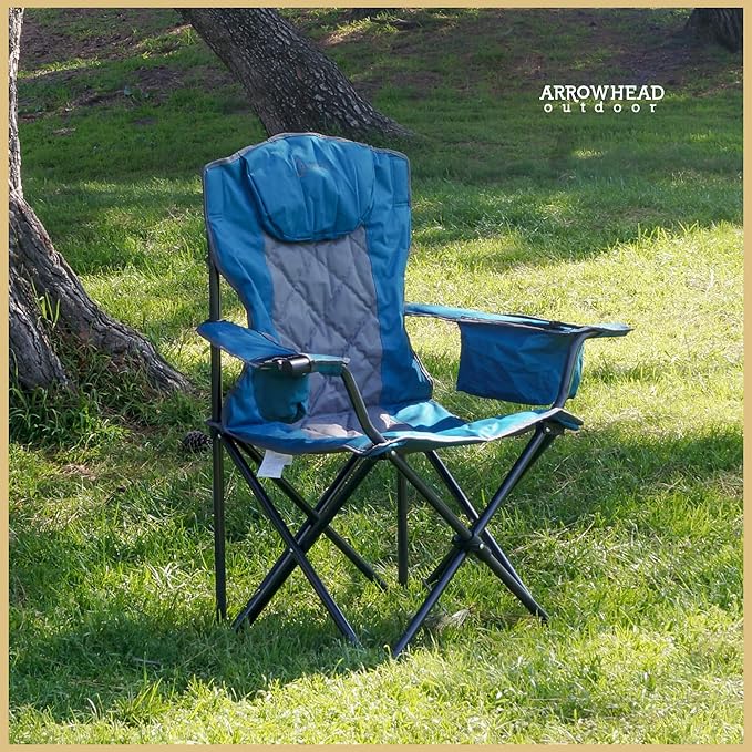 ARROWHEAD OUTDOOR 2-Pack Portable Folding Camping Quad Chair w/ 6-Can Cooler Cup &amp Wine Glass Holders Heavy-Duty Carrying Bag Padded Armrests Headrest &amp Seat Supports up to 550lbs
