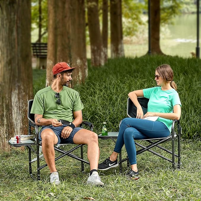 TIMBER RIDGE Lightweight Oversized Camping Chair Aluminum Directors Chair with Side Table for Outdoor Camping Lawn Picnic and Fishing Supports 400lbs Black 2PCS