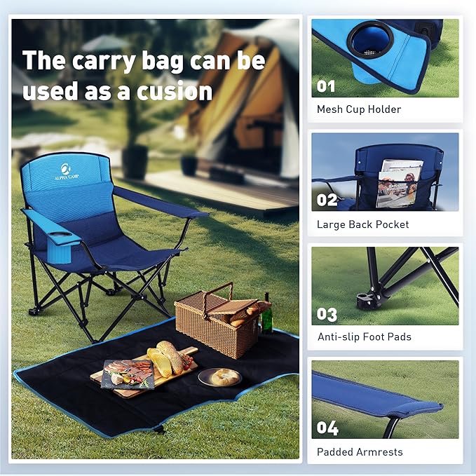 ALPHA CAMP Low Folding Camping Chair Portable Beach Chair with Cup Holder Storage Bag Carry Bag Lightweight Lawn Chair for Outdoor Concert Picnic Travel Support 300lbs