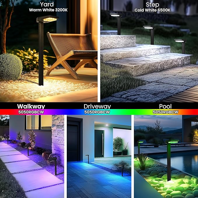 Solar Pathway Lights Outdoor Smart Color Changing with 9-in-1 (Warm White/Cool White/RGBCW) ModesBright Landscape Lighting Waterproof for WalkwayGardenDrivewayYardPatio(4pack)