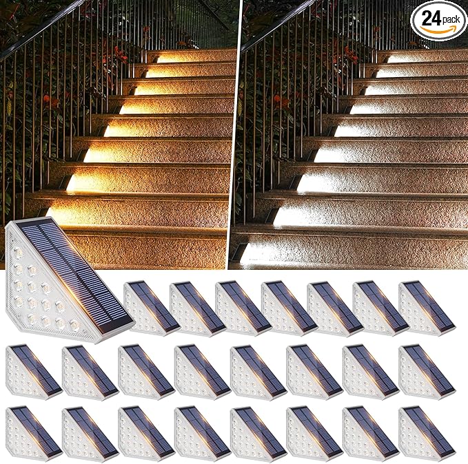 Bosceos 24 Packs LED Solar Step Lights Outdoor Stair Lights Waterproof IP67 Solar Deck Light with Dual Color Options (Warm &amp Cool White) Outdoor Light Decor for Yard Garden Patio Porch Walkways