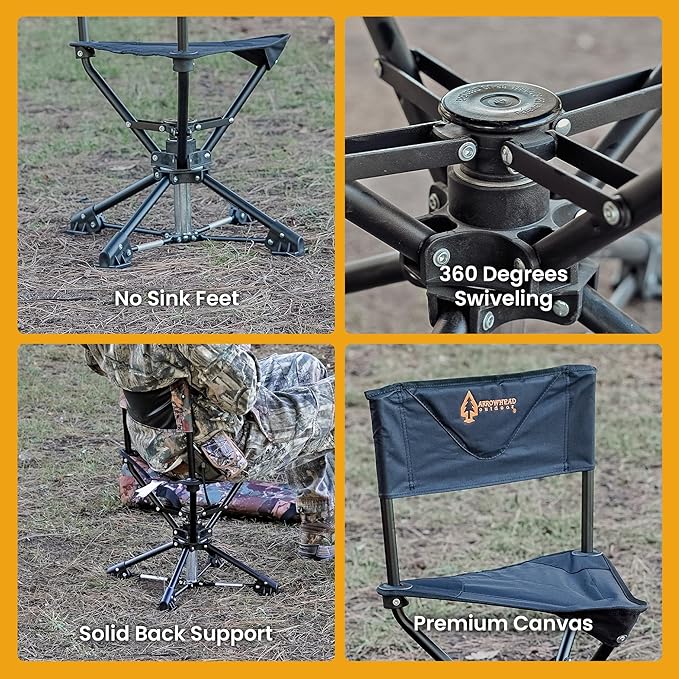 ARROWHEAD OUTDOOR 360° Degree Swivel Hunting Chair Stool Seat Perfect for Blinds No Sink Feet 450lbs Weight Capacity Carry Case Steel Frame
