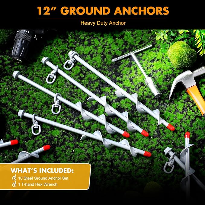 Hiboom 10 Pcs Ground Anchors with T Handle Hex Wrench Trampoline Hook Ground Anchor Screw in Kit Inflatable Outdoor Decorations Accessories for Camping Tents Car Ports Canopies (Silver12 Inch)