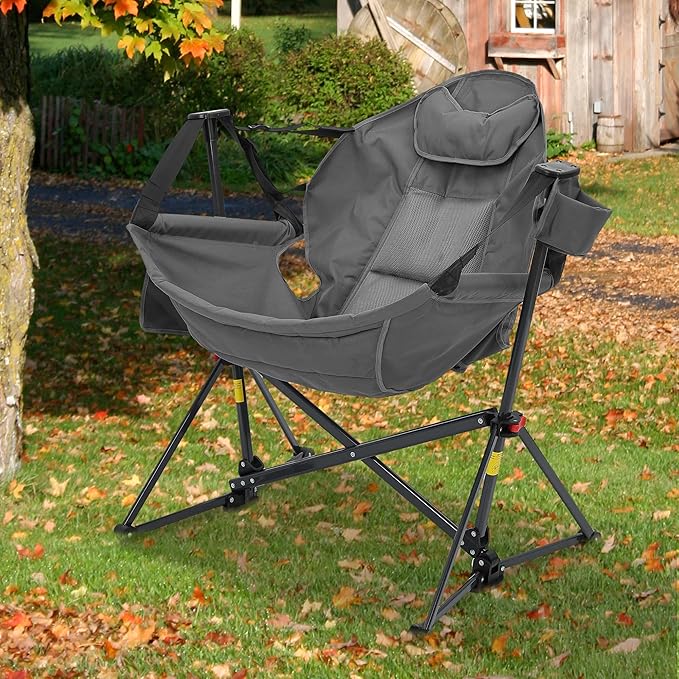 Ainfox Hammock Camping Chair Foldable Portable Rocking Chairs for Adults Outside Swinging Camp with Cup Holder Pillow for Outdoor Patio Lawn (Grey)