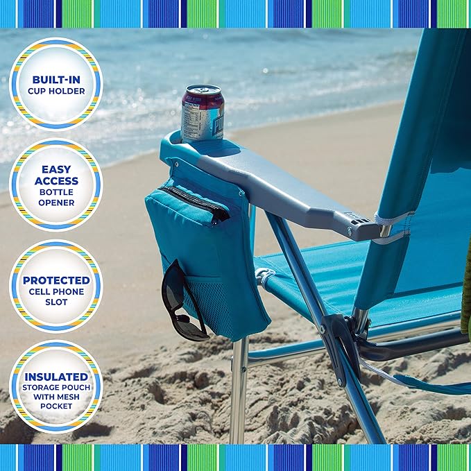 Rio Brands 17 Extended Height 4-Position Folding Beach Camping Lawn Chair Turquoise