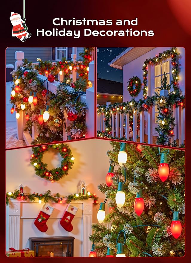 C9 LED Christmas Lights Outdoor 50 FT 50 Red and Warm White Connectable C9 String Lights for Christmas Tree Patio Roofline Garden Backyard Holiday Party Indoor Outdoor Decoration Green Wire