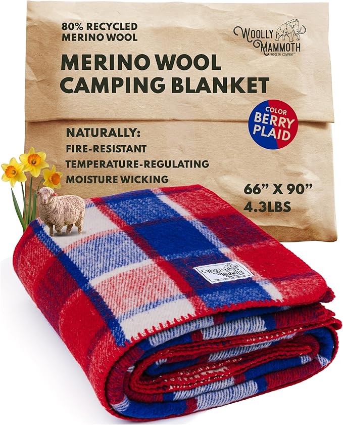 Woolly Mammoth Woolen Company Merino Wool Blanket - 80% Merino Wool - Camping Blankets for Cold Weather - Mositure-Wicking for Overlanding Hunting Emergency Kits Bushcraft (66 x 90 Berry Plaid)