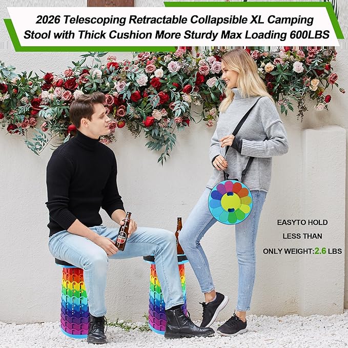 Portable Collapsible Stool with Swivel CarabinerH 18.1 More Sturdy and Lightweight Camping Telescoping Stool for Mountain Hiking BBQMax Load Capacity 600LBs