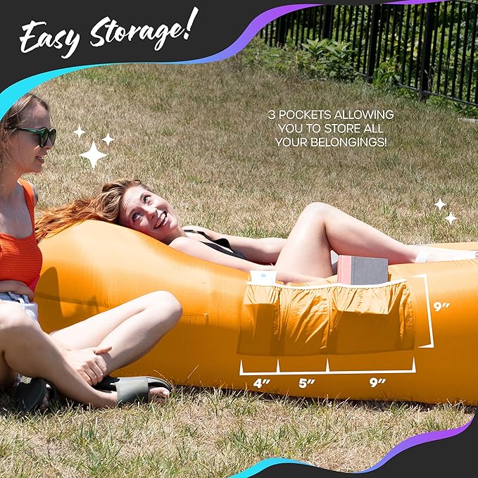 Nevlers Navy &amp Saffron Inflatable Lounger 2 Pack | 210T Polyester Blow Up Couch | No-Pump Inflatable Chair Set | Air Couch w/ 450 lbs. Capacity Pockets &amp Carry Bags for Use as Beach Accessori