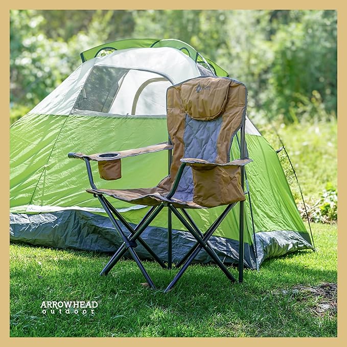 ARROWHEAD OUTDOOR Deluxe Folding Camp Chair – 550lb Capacity Heavy-Duty Quad Chair with Integrated Cooler Headrest and Dual Cup Holders.