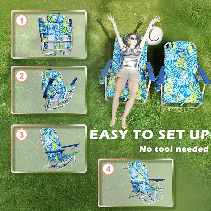 Backpack Beach Chairs for Adults - Folding Heavy Duty Camping Chair with Storage Pouch Cup Holder &amp Towel Rack Lightweight &amp Adjustable Chair for OutdoorTravel (2pcs / Tropical Foliage)