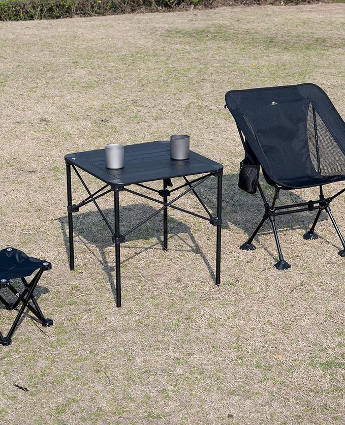 iClimb Lightweight Stable Alu. Folding Square Table Roll Up Top with Carry Bag for Camping Picnic Backyards BBQ Camp Kitchen (Black M)