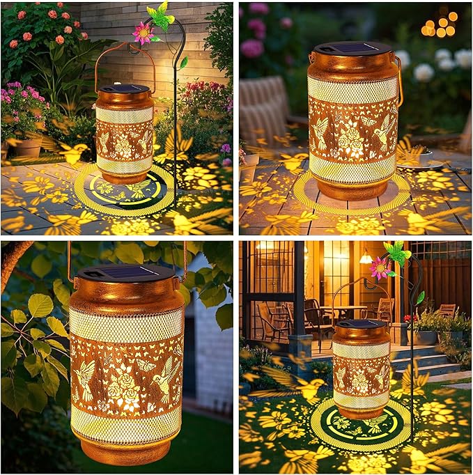 2 Pack Hummingbird Solar Lanterns Outdoor Waterproof Solar Garden Decor Birthday Gifts for Women Mom Grandma Metal Hanging Lights with Shepherd Hook for Yard Patio Pathway Backyard Porch