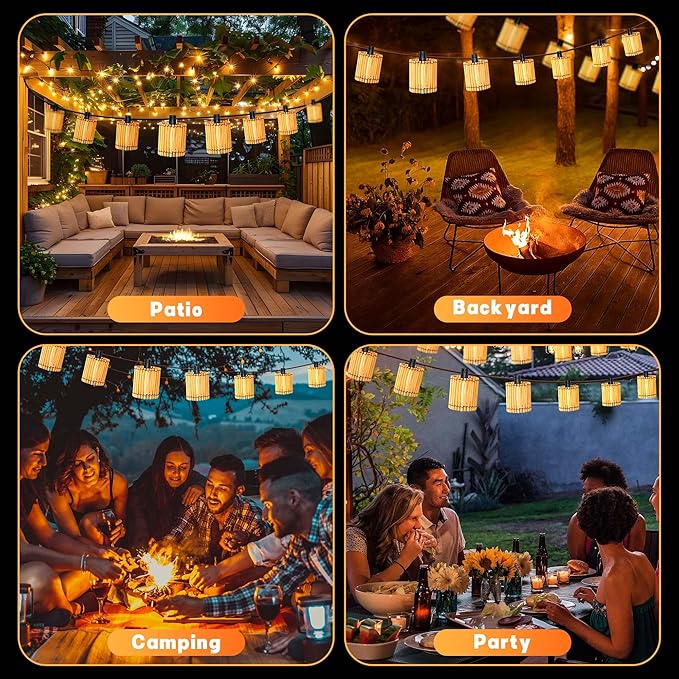 Decorative Plug in String Lights Outdoor Rattan Lamps 20.5FT 10 LED G40 Bulb Waterproof Hanging Lantern for Patio Yard Deck Garden - Indoor/Outdoor Use