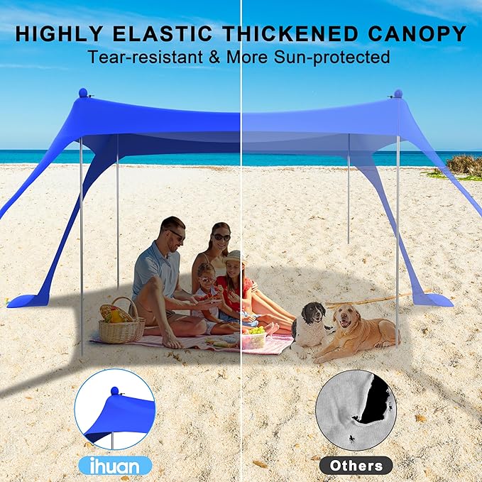 ihuan Beach Tent Sun Shelter 10X10FT UPF50+ with 4 Aluminum Foldable Poles Easy Setup Outdoor Shade Canopy for 8 Person Camping Sun Shelter for Fishing Family Trips Backyard Picnics