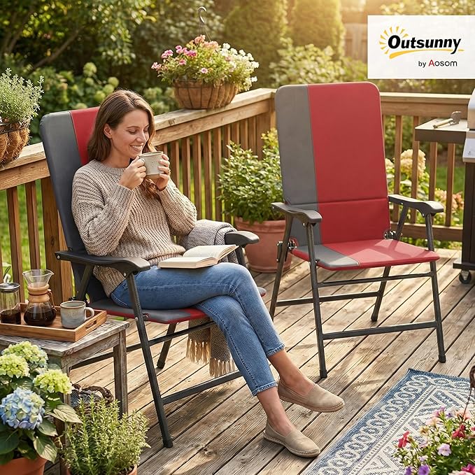 Outsunny Folding Patio Chairs Set of 2 Padded High Back Folding Lawn Chairs with Armrests 600D Oxford Fabric Portable Outdoor Camping Chair Set for Deck Garden Backyard Red