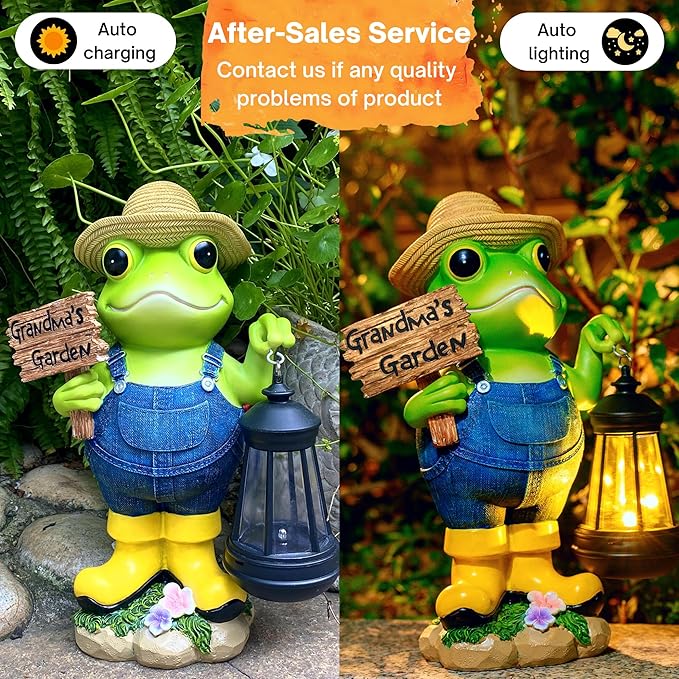 Frog Garden Statue with Solar Light Gardener Frog Decoration with Solar Lantern Light for Home Outdoor Garden Patio and Yard Decor Best Gifts for Mom/Grandma Grandma's Garden