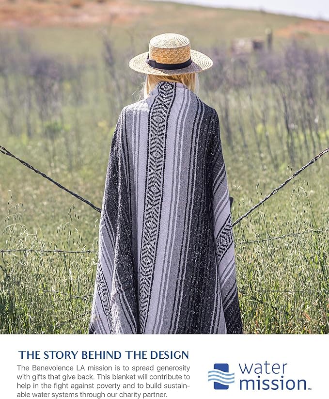 Benevolence LA Authentic Handwoven Mexican Blanket | Yoga Blankets Outdoor Picnic Beach Camping | Equestrian Saddle | Serape 50x70 inches - Gray Pack of 1