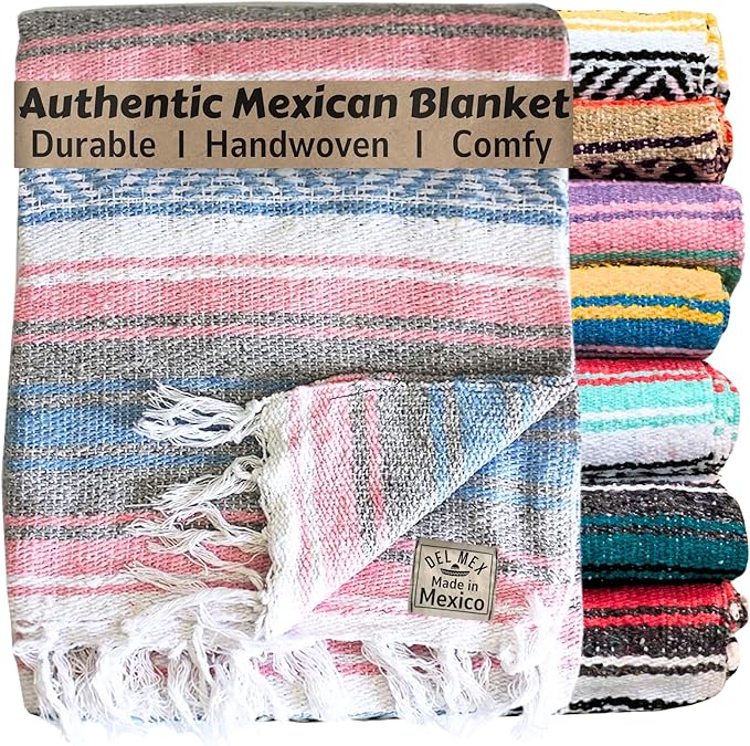 Del Mex Classic Mexican Blanket Large Authentic Woven Falsa Throw (70x50) Artisan Southwest Décor for Beach Yoga Outdoors (Light Pink/Blue)